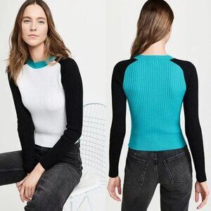 RAG & BONE Navaya Cashmere Cotton Ribbed Crew Neck Sweater Ivory Black Blue Sz L